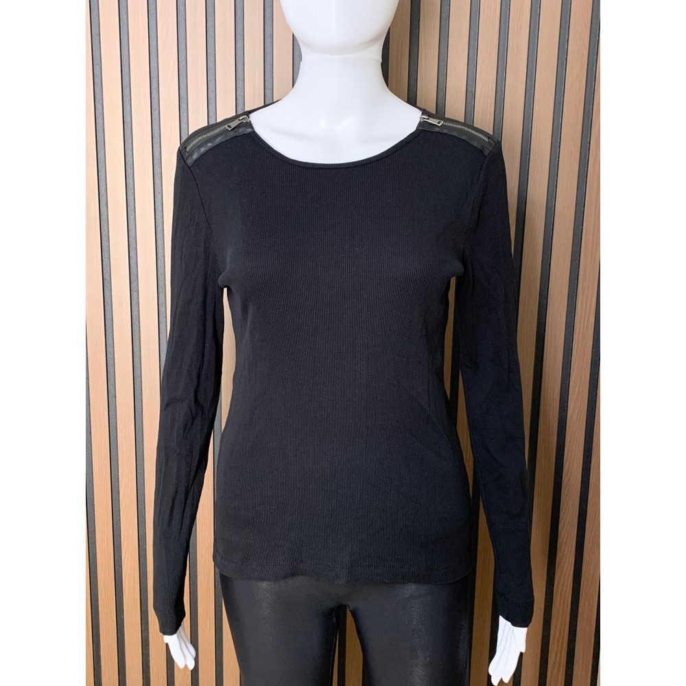 Lauren Ralph Lauren Black Ribbed Cotton Top Zipper Faux Leather Shoulder Size M